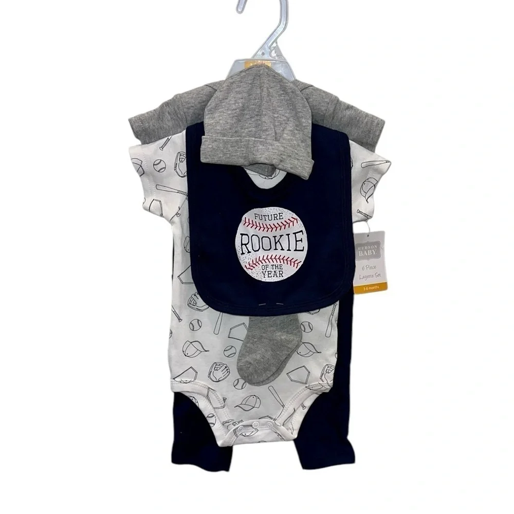 NWT Hudson Baby Cotton Layette Baseball 6pc Set Gray, White & Blue 3-6M